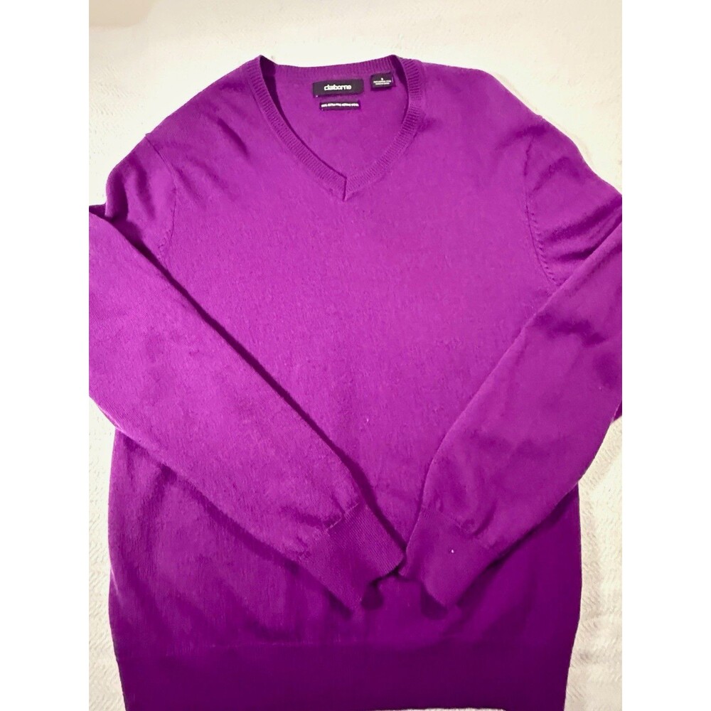 Claiborne Womens Small Purple V-Neck Pullover Merino Wool Long Sleeve Sweater